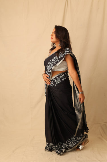 Striking Black With White Hand-Stencil Printed Pure Slub Cotton Saree